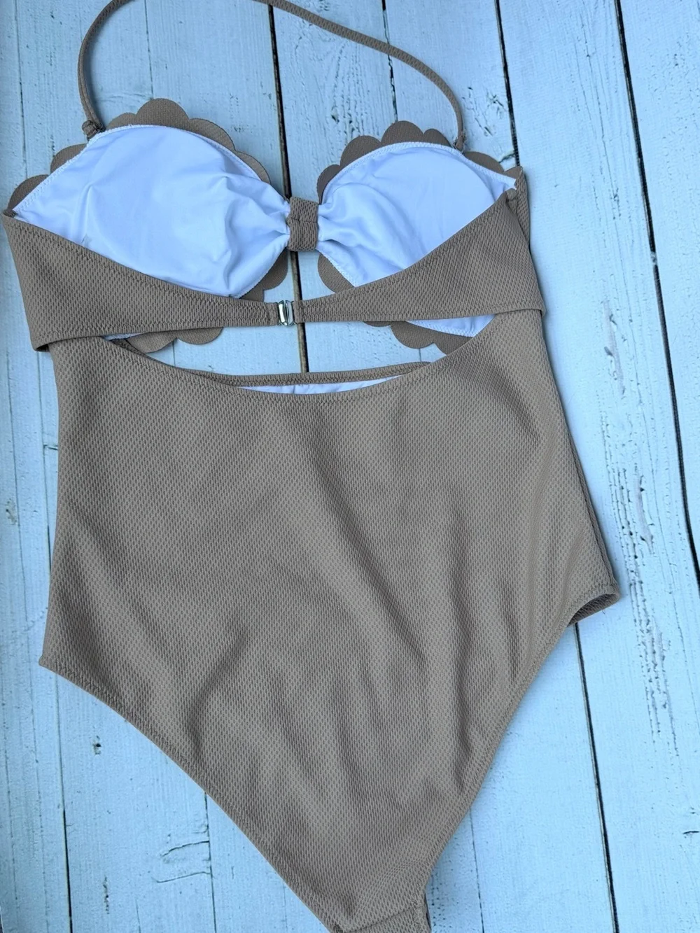 Cupshe Taupe Scalloped Strapless Knot Front Cutout One-Piece